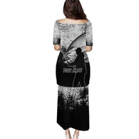 Custom Black and White King Salmon Fishing Puletasi with Trout Fish Design Black and White Grunge Style - Wonder Print Shop