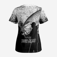 Custom Black and White King Salmon Fishing Scrub Top with Trout Fish Design Black and White Grunge Style - Wonder Print Shop