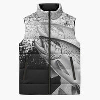 Custom Black and White King Salmon Fishing Sleeveless Puffer Jacket with Trout Fish Design Black and White Grunge Style - Wonder Print Shop