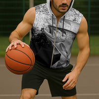 Custom Black and White King Salmon Fishing Sleeveless Zip Hoodie with Trout Fish Design Black and White Grunge Style - Wonder Print Shop