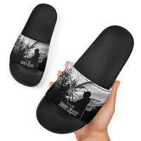 Custom Black and White King Salmon Fishing Slide Sandals with Trout Fish Design Black and White Grunge Style - Wonder Print Shop