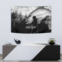 Custom Black and White King Salmon Fishing Tapestry with Trout Fish Design Black and White Grunge Style - Wonder Print Shop