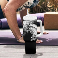 Custom Black and White King Salmon Fishing Tumbler With Handle with Trout Fish Design Black and White Grunge Style - Wonder Print Shop