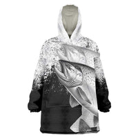 Custom Black and White King Salmon Fishing Wearable Blanket Hoodie with Trout Fish Design Black and White Grunge Style - Wonder Print Shop