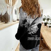 Custom Black and White King Salmon Fishing Women Casual Shirt with Trout Fish Design Black and White Grunge Style - Wonder Print Shop