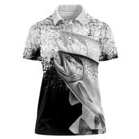 Custom Black and White King Salmon Fishing Women Polo Shirt with Trout Fish Design Black and White Grunge Style - Wonder Print Shop