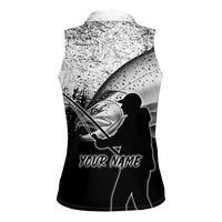 Custom Black and White King Salmon Fishing Women Sleeveless Polo Shirt with Trout Fish Design Black and White Grunge Style - Wonder Print Shop