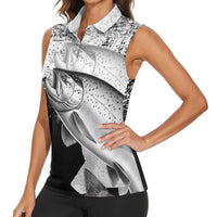 Custom Black and White King Salmon Fishing Women Sleeveless Polo Shirt with Trout Fish Design Black and White Grunge Style - Wonder Print Shop