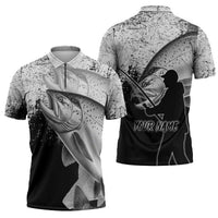 Custom Black and White King Salmon Fishing Zipper Polo Shirt with Trout Fish Design Black and White Grunge Style - Wonder Print Shop