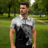 Custom Black and White King Salmon Fishing Zipper Polo Shirt with Trout Fish Design Black and White Grunge Style - Wonder Print Shop