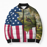 Custom American Flag Turkey Hunting Bomber Puffer Jacket with Illinois State Outline Country Farm Scene - Wonder Print Shop