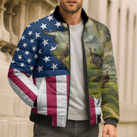 Custom American Flag Turkey Hunting Bomber Puffer Jacket with Illinois State Outline Country Farm Scene - Wonder Print Shop