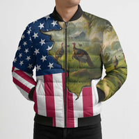 Custom American Flag Turkey Hunting Bomber Puffer Jacket with Illinois State Outline Country Farm Scene - Wonder Print Shop
