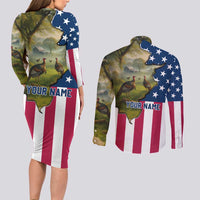 Custom American Flag Turkey Hunting Couples Matching Long Sleeve Bodycon Dress and Long Sleeve Button Shirt with Illinois State Outline Country Farm Scene - Wonder Print Shop