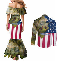 Custom American Flag Turkey Hunting Couples Matching Mermaid Dress and Long Sleeve Button Shirt with Illinois State Outline Country Farm Scene - Wonder Print Shop