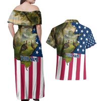 Custom American Flag Turkey Hunting Couples Matching Off Shoulder Maxi Dress and Hawaiian Shirt with Illinois State Outline Country Farm Scene - Wonder Print Shop