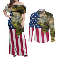 Custom American Flag Turkey Hunting Couples Matching Off Shoulder Maxi Dress and Long Sleeve Button Shirt with Illinois State Outline Country Farm Scene - Wonder Print Shop