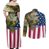 Custom American Flag Turkey Hunting Couples Matching Off Shoulder Maxi Dress and Long Sleeve Button Shirt with Illinois State Outline Country Farm Scene - Wonder Print Shop