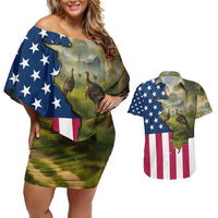Custom American Flag Turkey Hunting Couples Matching Off Shoulder Short Dress and Hawaiian Shirt with Illinois State Outline Country Farm Scene - Wonder Print Shop