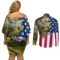 Custom American Flag Turkey Hunting Couples Matching Off Shoulder Short Dress and Long Sleeve Button Shirt with Illinois State Outline Country Farm Scene - Wonder Print Shop