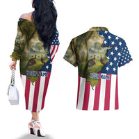 Custom American Flag Turkey Hunting Couples Matching Off The Shoulder Long Sleeve Dress and Hawaiian Shirt with Illinois State Outline Country Farm Scene - Wonder Print Shop