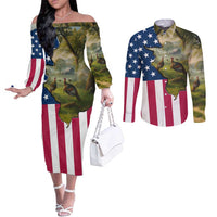 Custom American Flag Turkey Hunting Couples Matching Off The Shoulder Long Sleeve Dress and Long Sleeve Button Shirt with Illinois State Outline Country Farm Scene - Wonder Print Shop