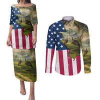 Custom American Flag Turkey Hunting Couples Matching Puletasi and Long Sleeve Button Shirt with Illinois State Outline Country Farm Scene - Wonder Print Shop
