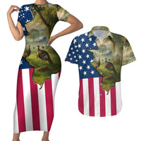 Custom American Flag Turkey Hunting Couples Matching Short Sleeve Bodycon Dress and Hawaiian Shirt with Illinois State Outline Country Farm Scene - Wonder Print Shop