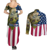 Custom American Flag Turkey Hunting Couples Matching Summer Maxi Dress and Long Sleeve Button Shirt with Illinois State Outline Country Farm Scene - Wonder Print Shop