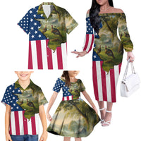 Custom American Flag Turkey Hunting Family Matching Off The Shoulder Long Sleeve Dress and Hawaiian Shirt with Illinois State Outline Country Farm Scene - Wonder Print Shop