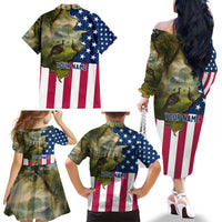 Custom American Flag Turkey Hunting Family Matching Off The Shoulder Long Sleeve Dress and Hawaiian Shirt with Illinois State Outline Country Farm Scene - Wonder Print Shop