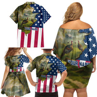Custom American Flag Turkey Hunting Family Matching Off Shoulder Short Dress and Hawaiian Shirt with Illinois State Outline Country Farm Scene - Wonder Print Shop
