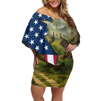 Custom American Flag Turkey Hunting Family Matching Off Shoulder Short Dress and Hawaiian Shirt with Illinois State Outline Country Farm Scene - Wonder Print Shop