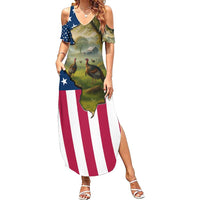 Custom American Flag Turkey Hunting Family Matching Summer Maxi Dress and Hawaiian Shirt with Illinois State Outline Country Farm Scene - Wonder Print Shop