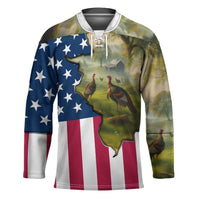 Custom American Flag Turkey Hunting Hockey Jersey with Illinois State Outline Country Farm Scene - Wonder Print Shop