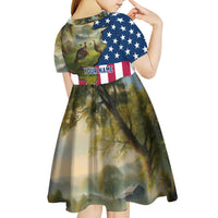 Custom American Flag Turkey Hunting Kid Short Sleeve Dress with Illinois State Outline Country Farm Scene - Wonder Print Shop