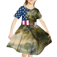 Custom American Flag Turkey Hunting Kid Short Sleeve Dress with Illinois State Outline Country Farm Scene - Wonder Print Shop