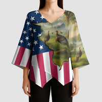 Custom American Flag Turkey Hunting Kimono Sleeve Blouse with Illinois State Outline Country Farm Scene - Wonder Print Shop