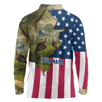 Custom American Flag Turkey Hunting Long Sleeve Polo Shirt with Illinois State Outline Country Farm Scene - Wonder Print Shop