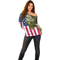 Custom American Flag Turkey Hunting Off Shoulder Sweater with Illinois State Outline Country Farm Scene - Wonder Print Shop