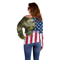 Custom American Flag Turkey Hunting Off Shoulder Sweater with Illinois State Outline Country Farm Scene - Wonder Print Shop