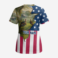 Custom American Flag Turkey Hunting Scrub Top with Illinois State Outline Country Farm Scene - Wonder Print Shop