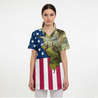 Custom American Flag Turkey Hunting Scrub Top with Illinois State Outline Country Farm Scene - Wonder Print Shop