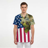 Custom American Flag Turkey Hunting Scrub Top with Illinois State Outline Country Farm Scene - Wonder Print Shop