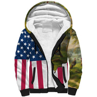 Custom American Flag Turkey Hunting Sherpa Hoodie with Illinois State Outline Country Farm Scene - Wonder Print Shop