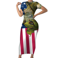 Custom American Flag Turkey Hunting Short Sleeve Bodycon Dress with Illinois State Outline Country Farm Scene - Wonder Print Shop