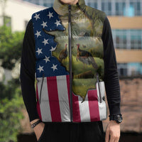 Custom American Flag Turkey Hunting Sleeveless Puffer Jacket with Illinois State Outline Country Farm Scene - Wonder Print Shop