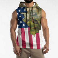 Custom American Flag Turkey Hunting Sleeveless Zip Hoodie with Illinois State Outline Country Farm Scene - Wonder Print Shop