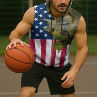 Custom American Flag Turkey Hunting Sleeveless Zip Hoodie with Illinois State Outline Country Farm Scene - Wonder Print Shop