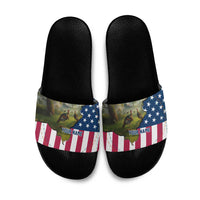 Custom American Flag Turkey Hunting Slide Sandals with Illinois State Outline Country Farm Scene - Wonder Print Shop